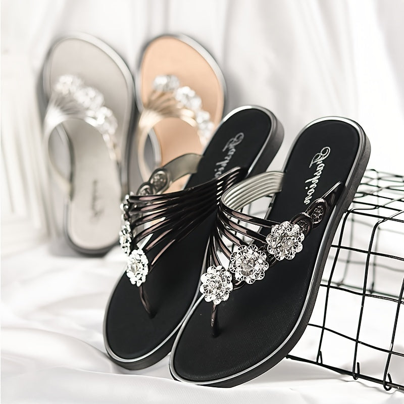 Ayollar uchun rhinestone gulli bezakli tek sandalki yozgi plyaj slaydlari ochiq barmoqli