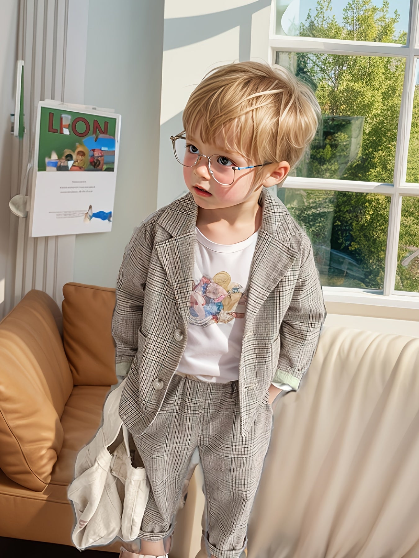 Kids Boys Plaid Suit Set Polyester Casual Blazer and Pants for Spring Fall