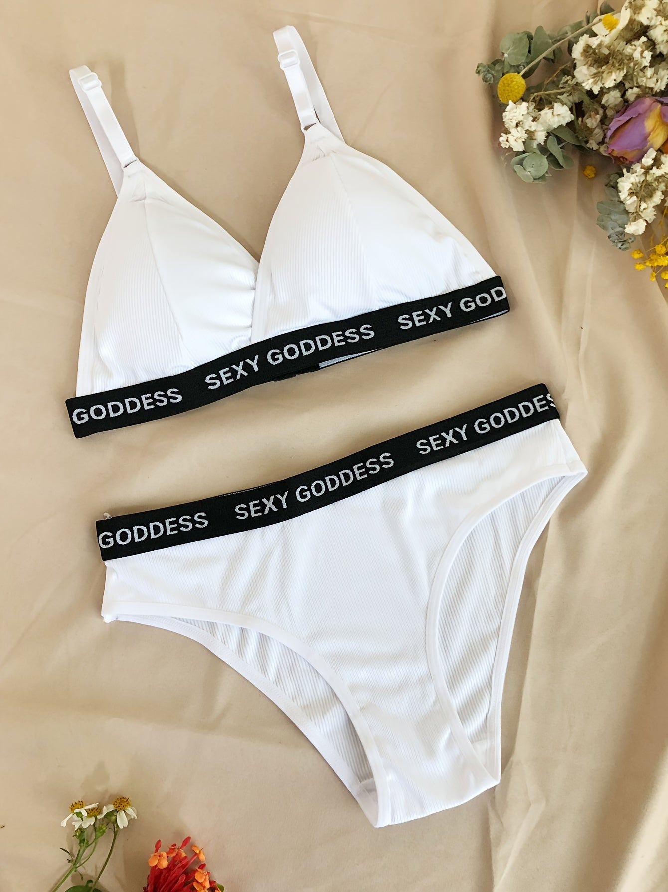 Women's Lingerie Set with Letter Print Wireless Bra and Elastic Panties Three-Piece