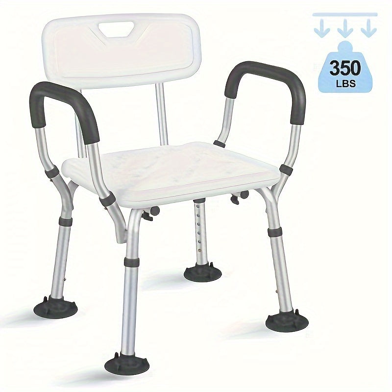 Orqa yostiqli sozlanadigan dush stuli, yostiqlangan tutqichlar, sirpanmaydigan oyoqlar, keksa va nogironlar uchun