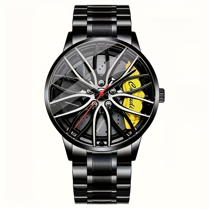Men's Sports Watch with Car Wheel Hub Caliper Design Steel Band Luminous Hollow Dial