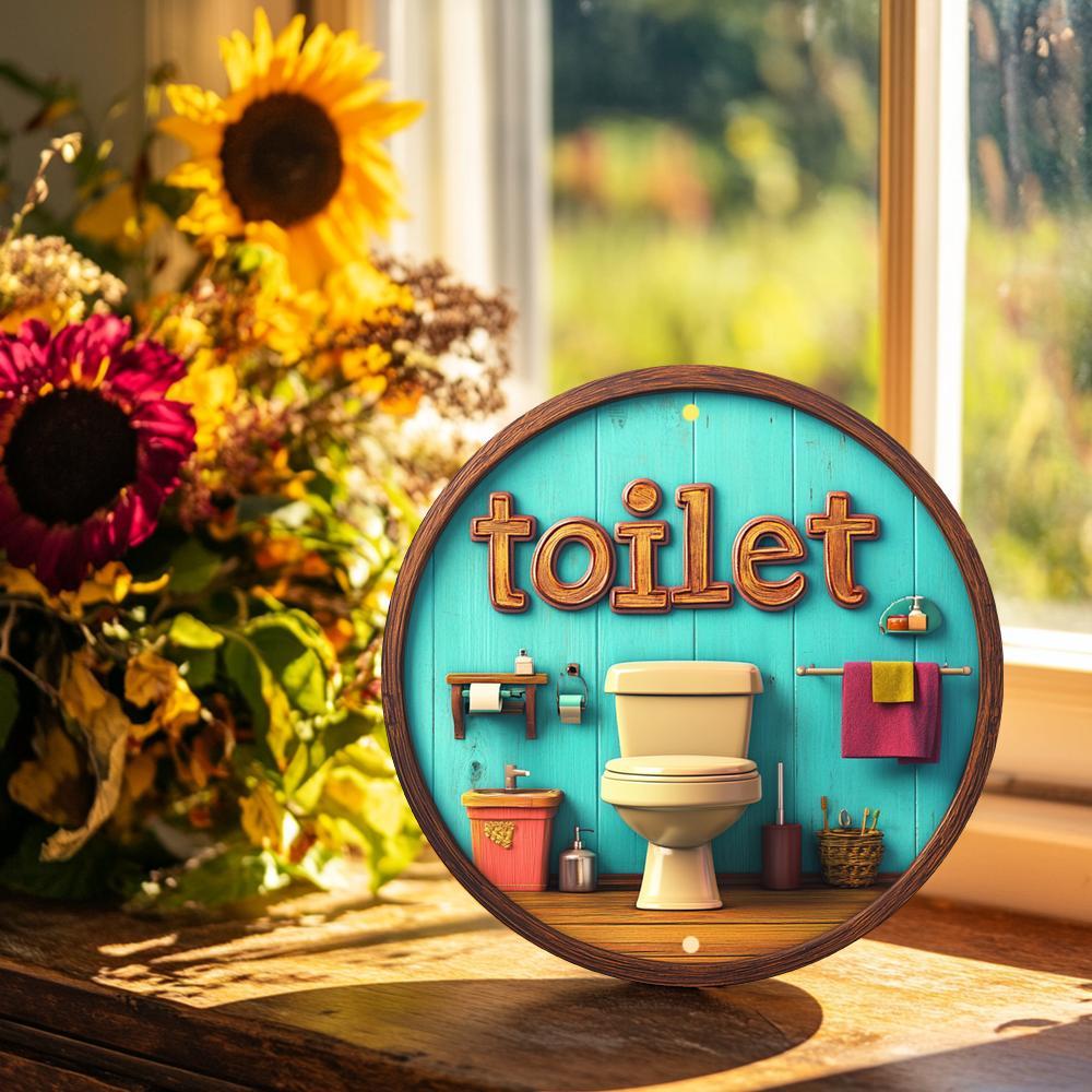 Vintage Toilet Themed Metal Wall Sign 20cm Round Kitchen Bathroom Decor