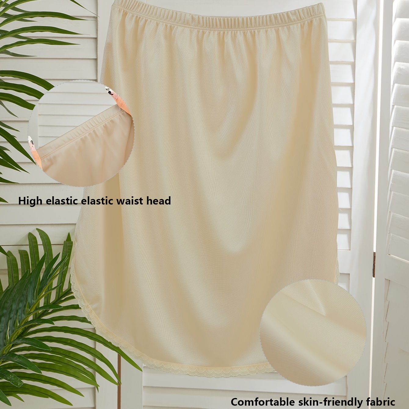 Women Plus Size Lace Trim Safety Slip Skirt High Waist Breathable Light Beige