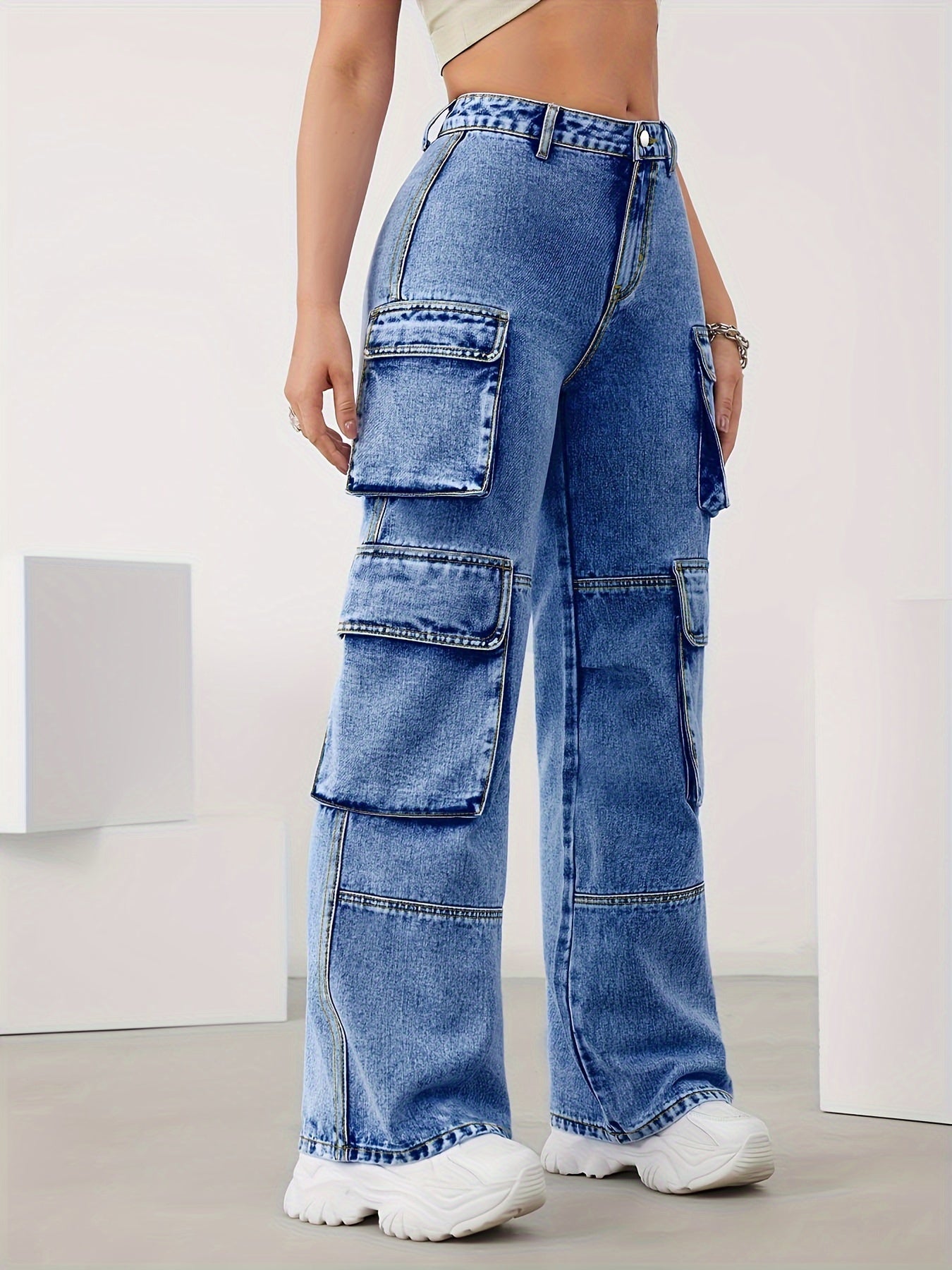 Jeans cargo de talle alto para mujer talla plus con múltiples bolsillos y denim elástico