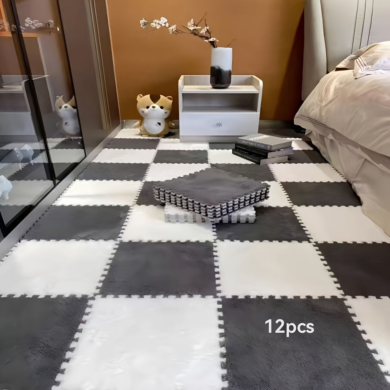 12pcs Square Flower Pattern Plush Area Rugs Set Washable Non-Slip Low Pile Polyester EVA Bedroom Living Room Decor