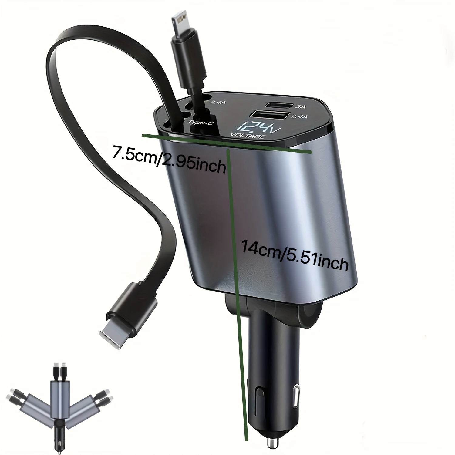 Cargador de coche 4 en 1 con carga rápida de 66W, adaptador de corriente USB C para smartphones