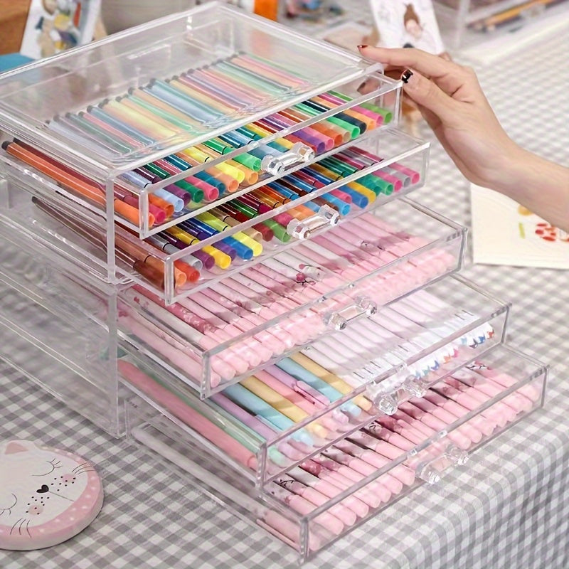 Clear Acrylic Drawer Storage Box with 5 Layers for Office Supplies Organization