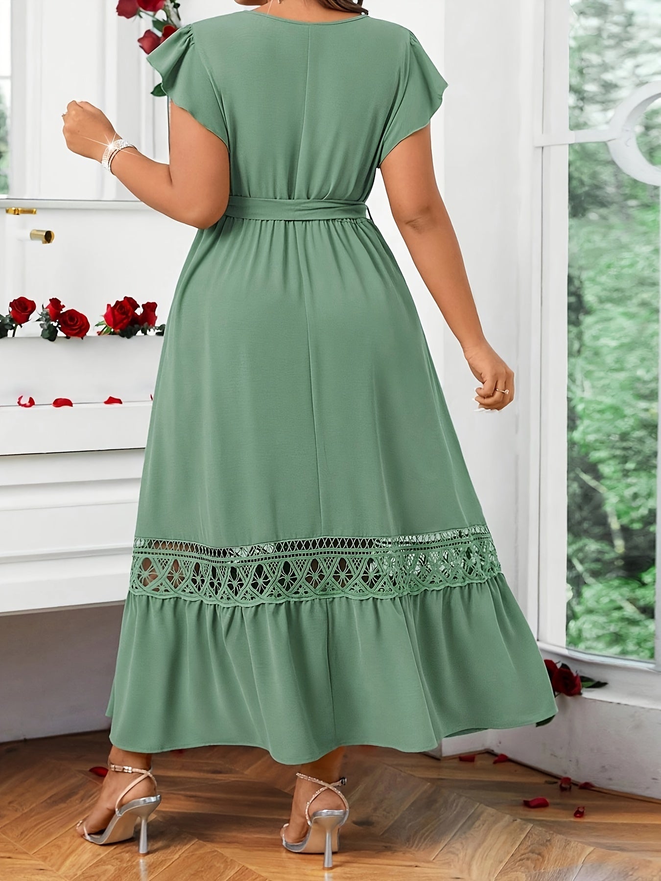 Women's Casual Midi Dress with Ruffle Sleeves and Belt in Solid Polyester