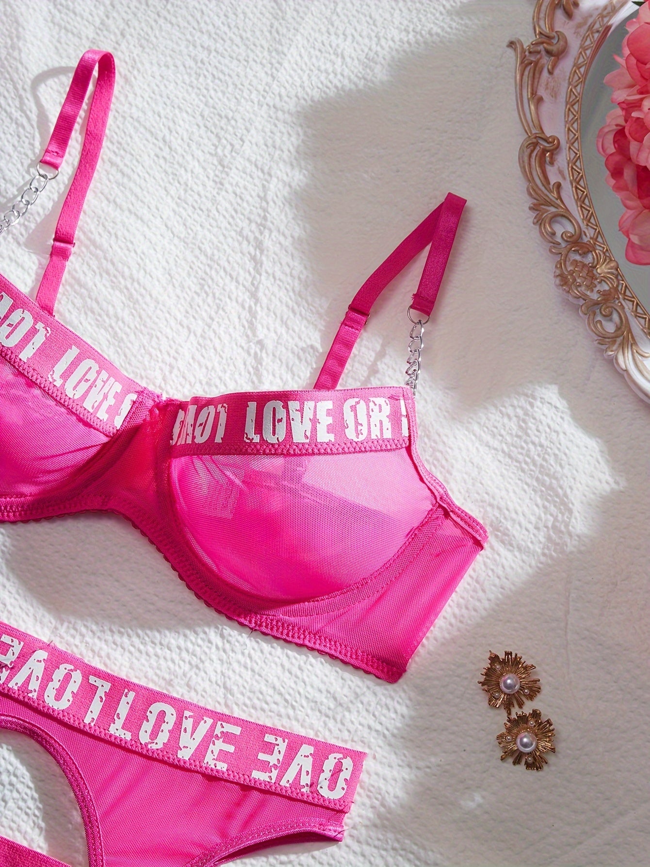 Lingerie Set with Lace Letter Print and Metal Chain for Women 2024