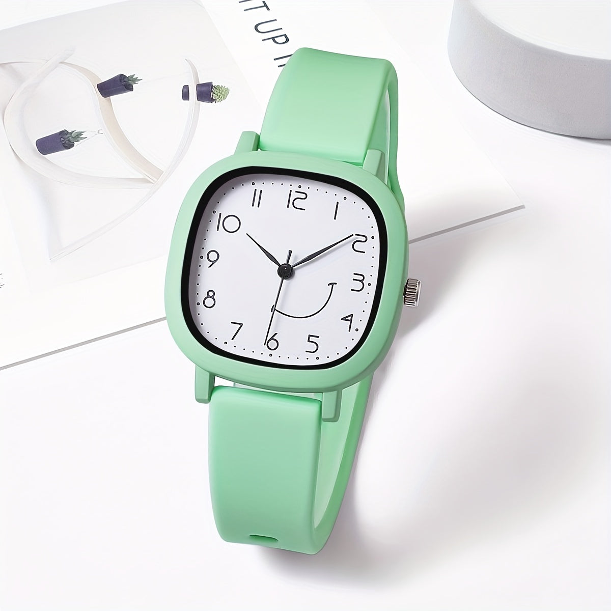 Women's Quartz Watch Square Face Silicone Strap Casual with Smile Face Design