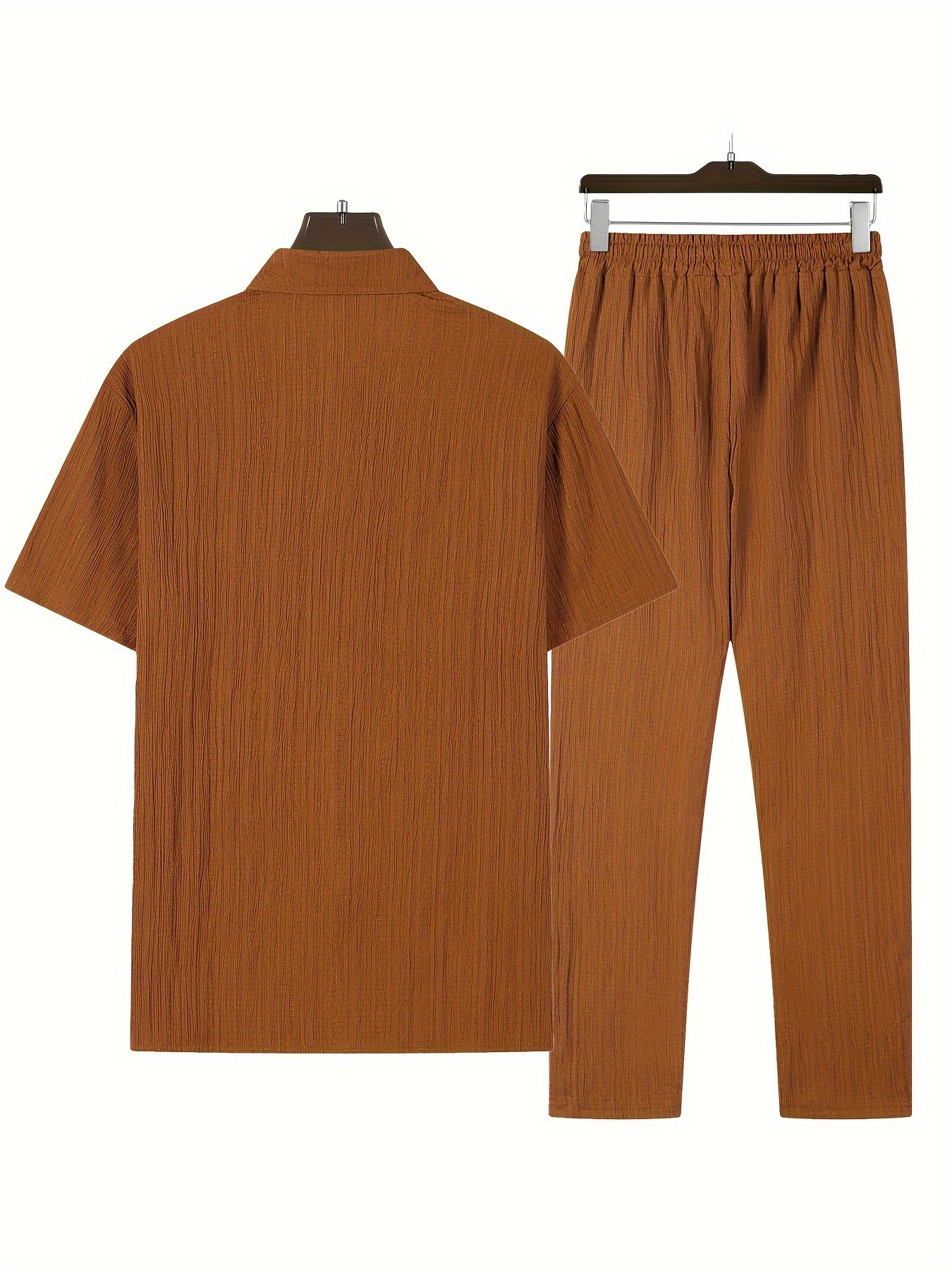 Men's Short Sleeve Striped Sweatsuit Set with Button Collar and Elastic Waist Pants Summer Woven Polyester Spandex