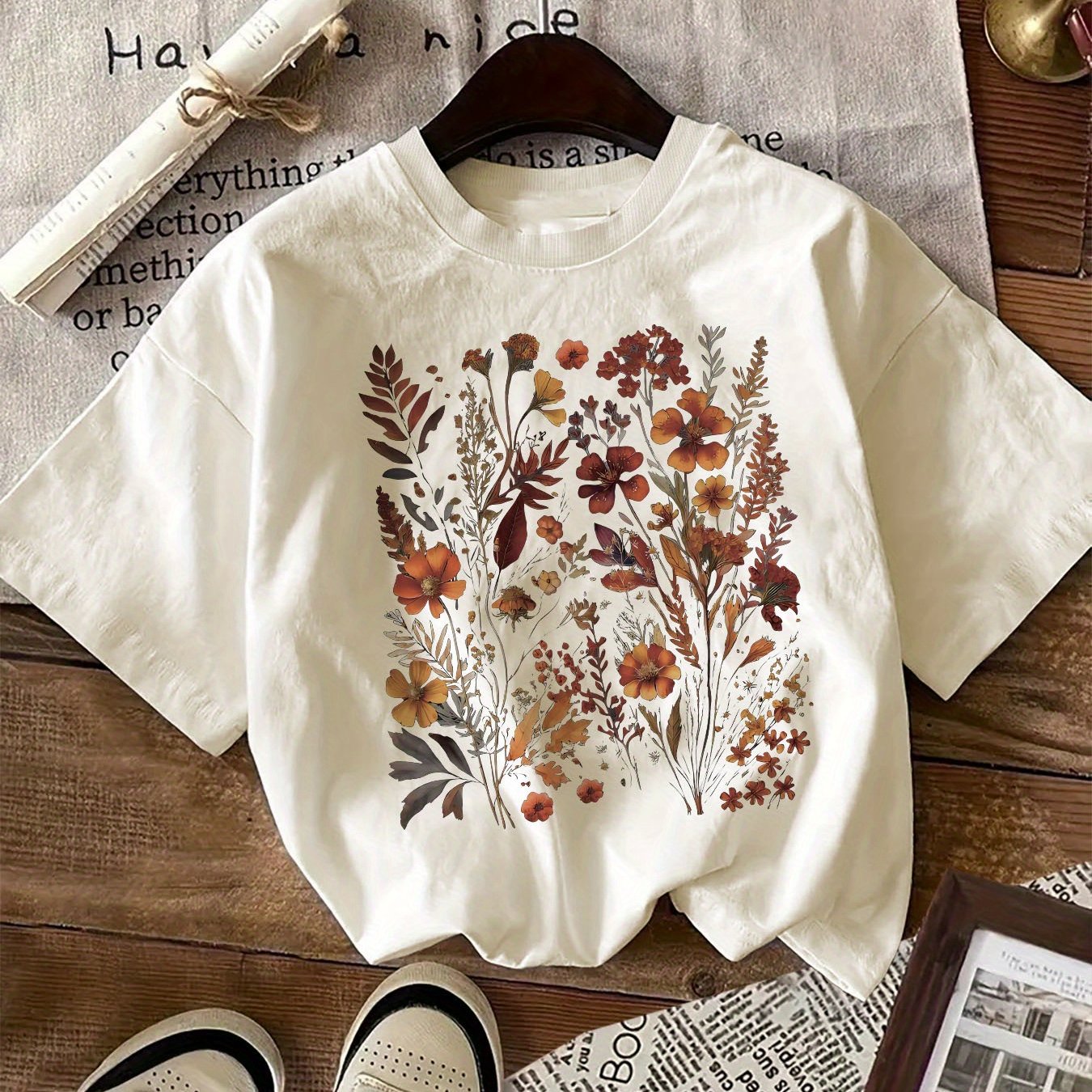 Women's Floral Graphic Print Cotton T-Shirt Crew Neck Short Sleeve Casual All Seasons