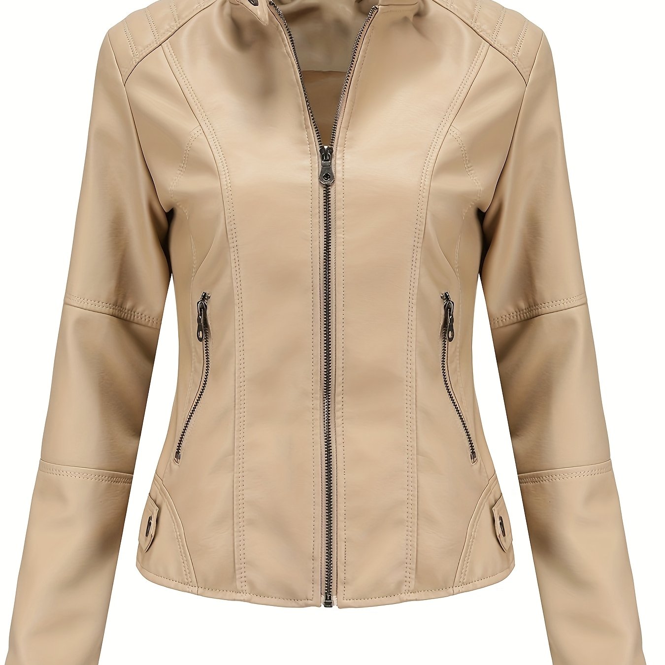 Women's Beige Biker Style Jacket for Spring Fall Zipper Stand Collar Pockets