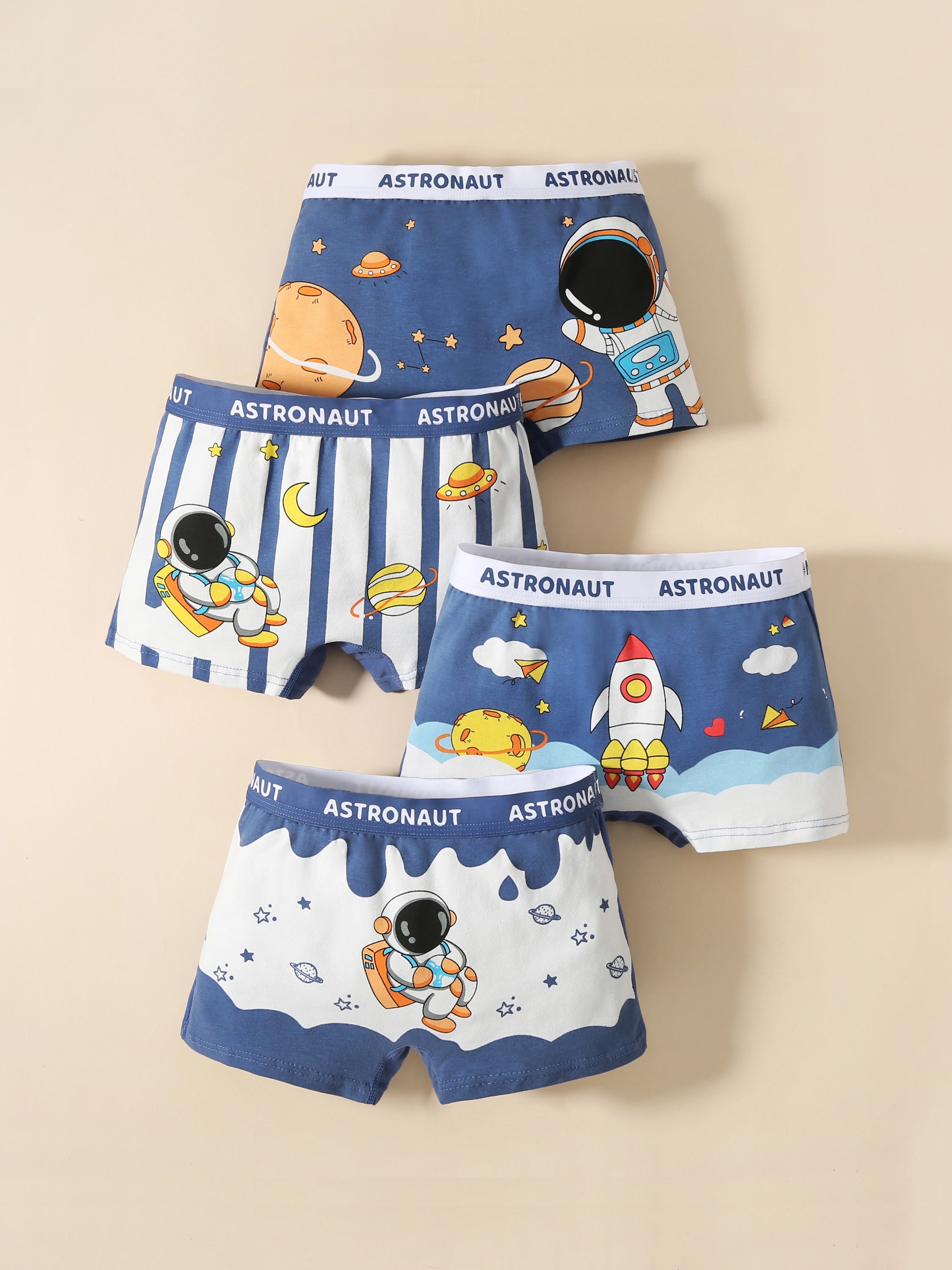 Set of 4 Boys' Cartoon Astronaut Breathable Cotton Boxer Briefs for Kids