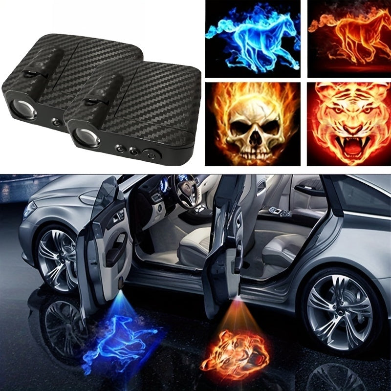 2pcs Wireless LED Car Door Projector Lights 3D Blue Fire Tiger Skull No-Drill Installation