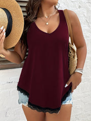 Camiseta sin mangas de verano casual con escote en V y encaje para tallas grandes de mujer