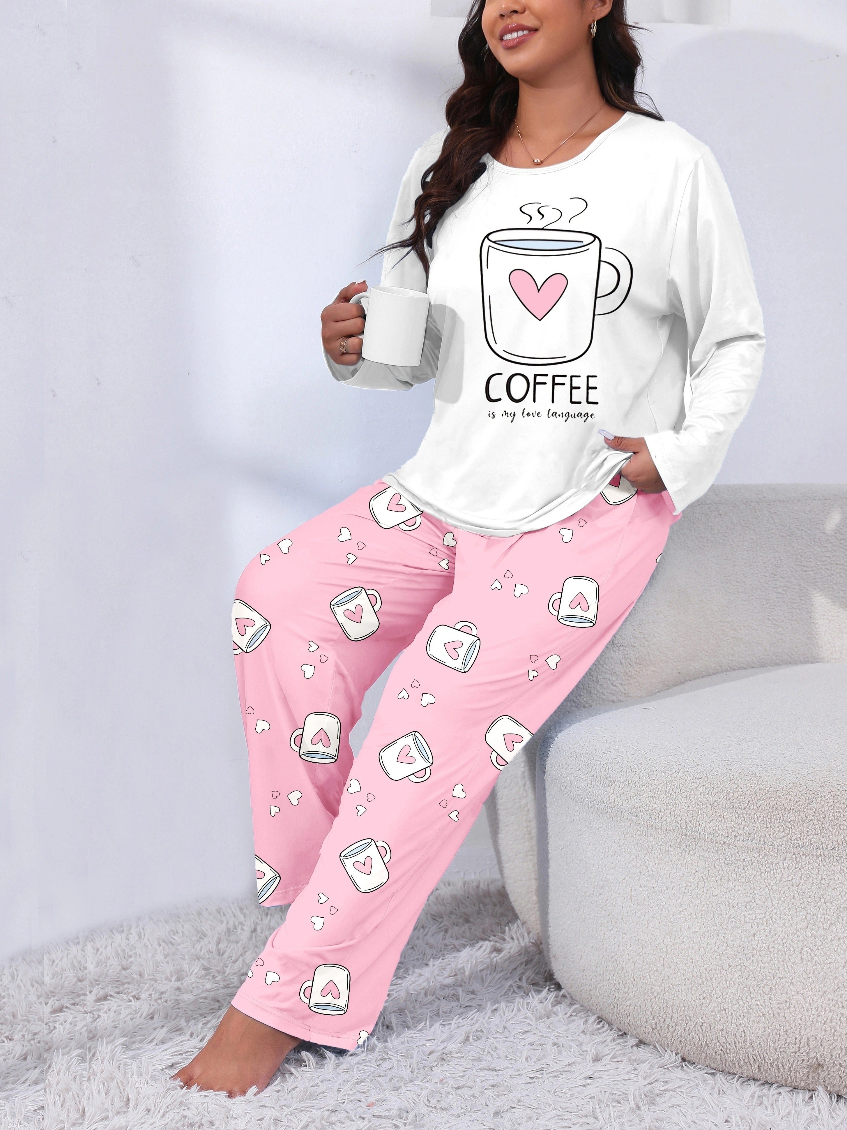 Plus Size Women's Coffee Themed Pajama Set Long Sleeve Pink Heart Coffee Cup