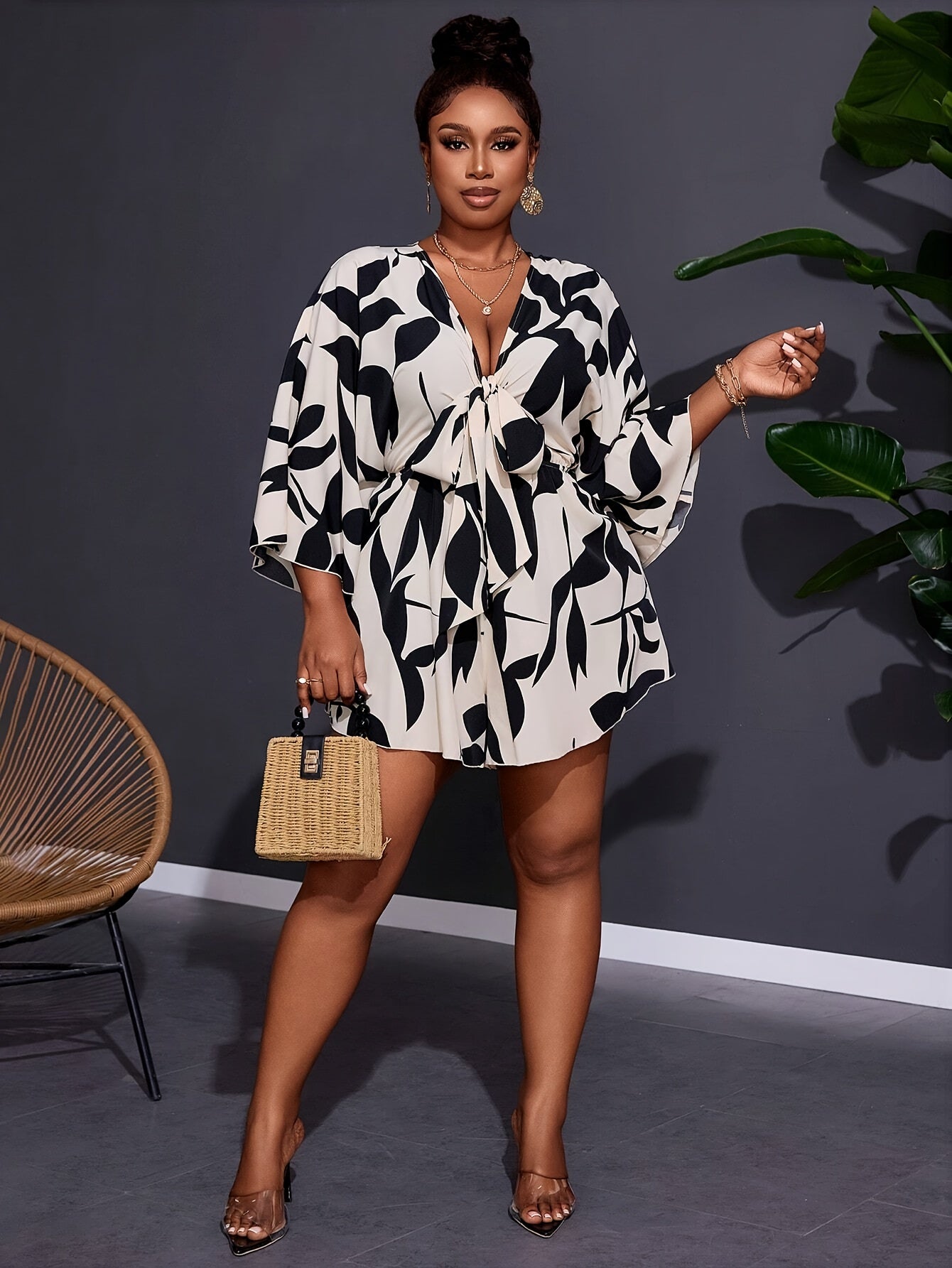 Plus Size Women's Jumpsuit V-Neck Tie-Front Floral Print Casual Summer