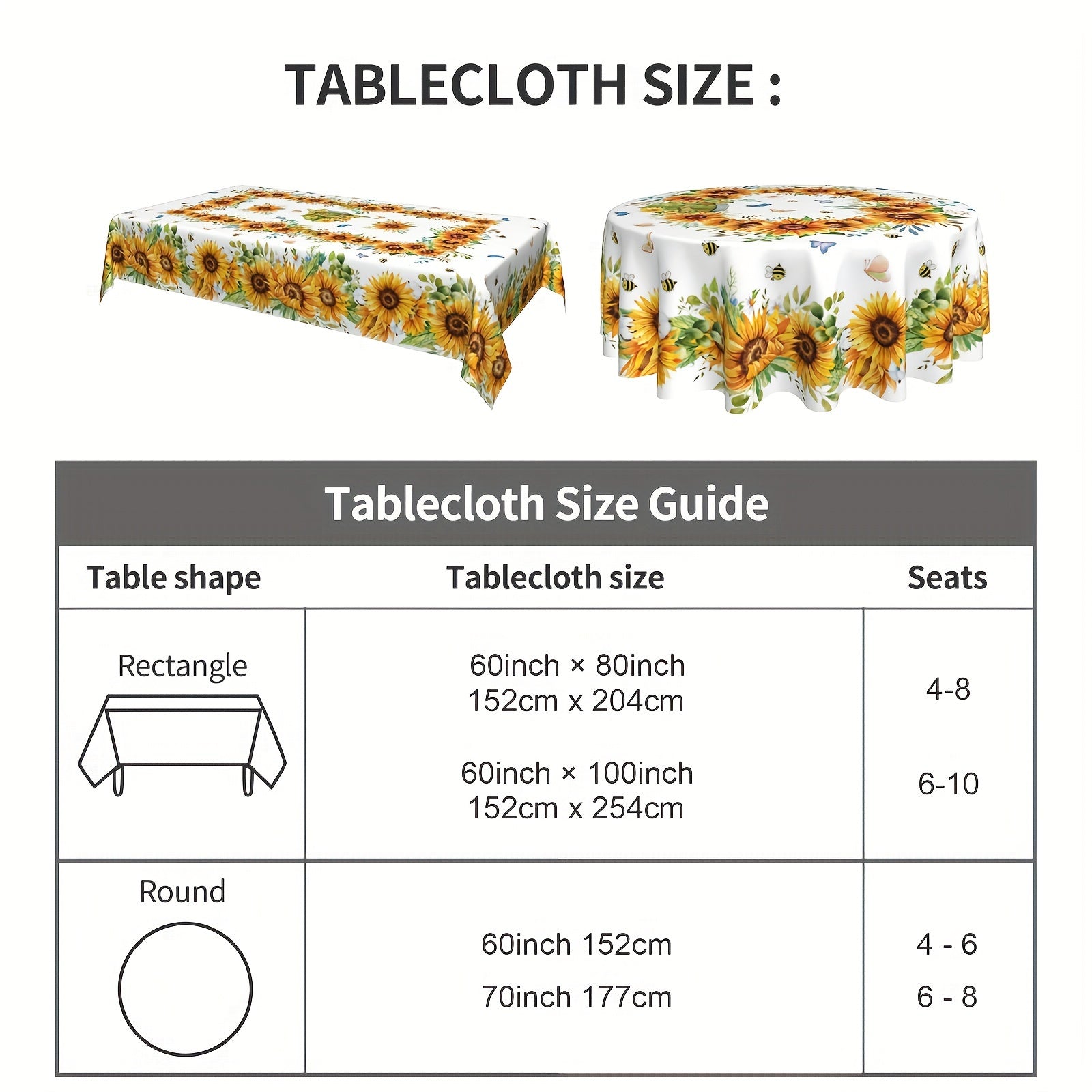 Sunflower Round Tablecloth with Floral Design Butterflies Bees Stain-Resistant Polyester Farmhouse Style for Kitchen Dining Picnic