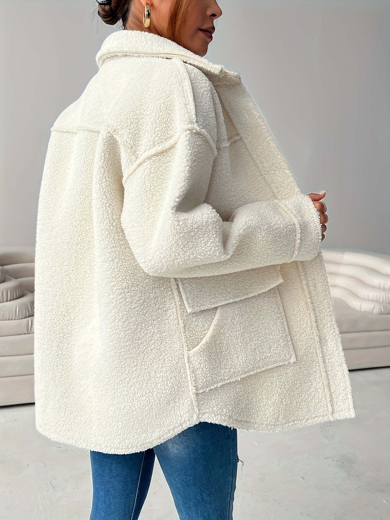 Women's Casual Teddy Jacket Polyester Knit Solid Color Fall Winter