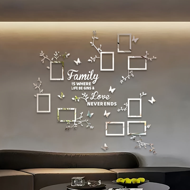 Acrylic Wall Decor Stickers Set with Flower Branches Butterflies and Photo Frames for DIY Home Office Wall Decoration