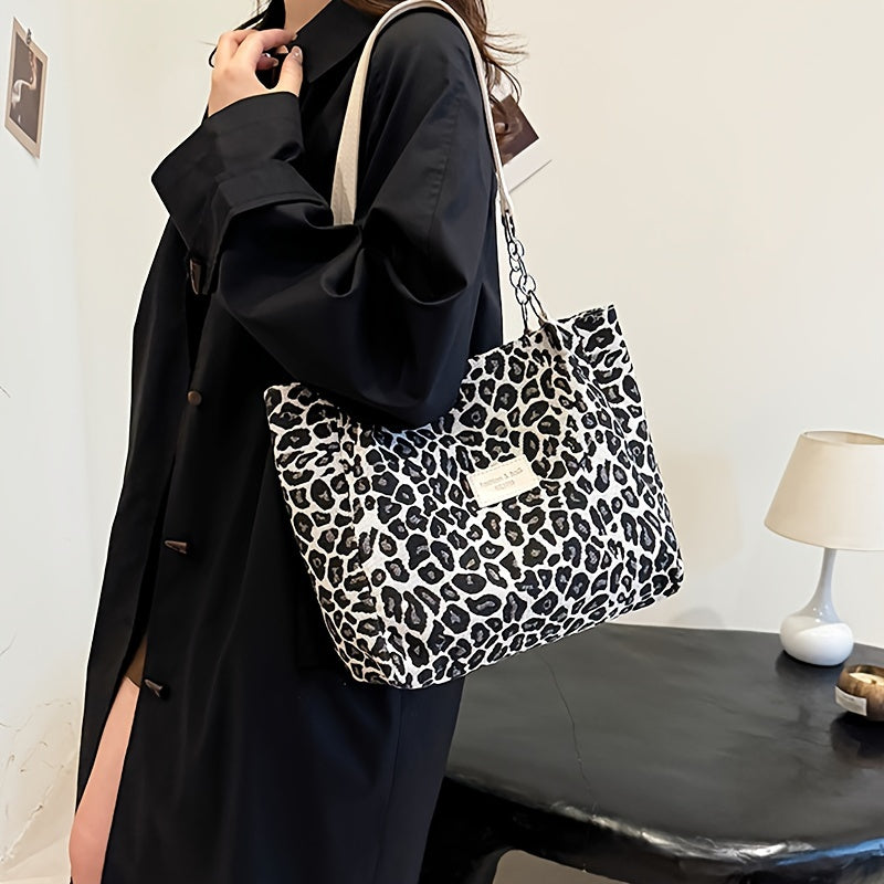 Women’s Corduroy Shoulder Bag with Leopard Print and Polyester Lining