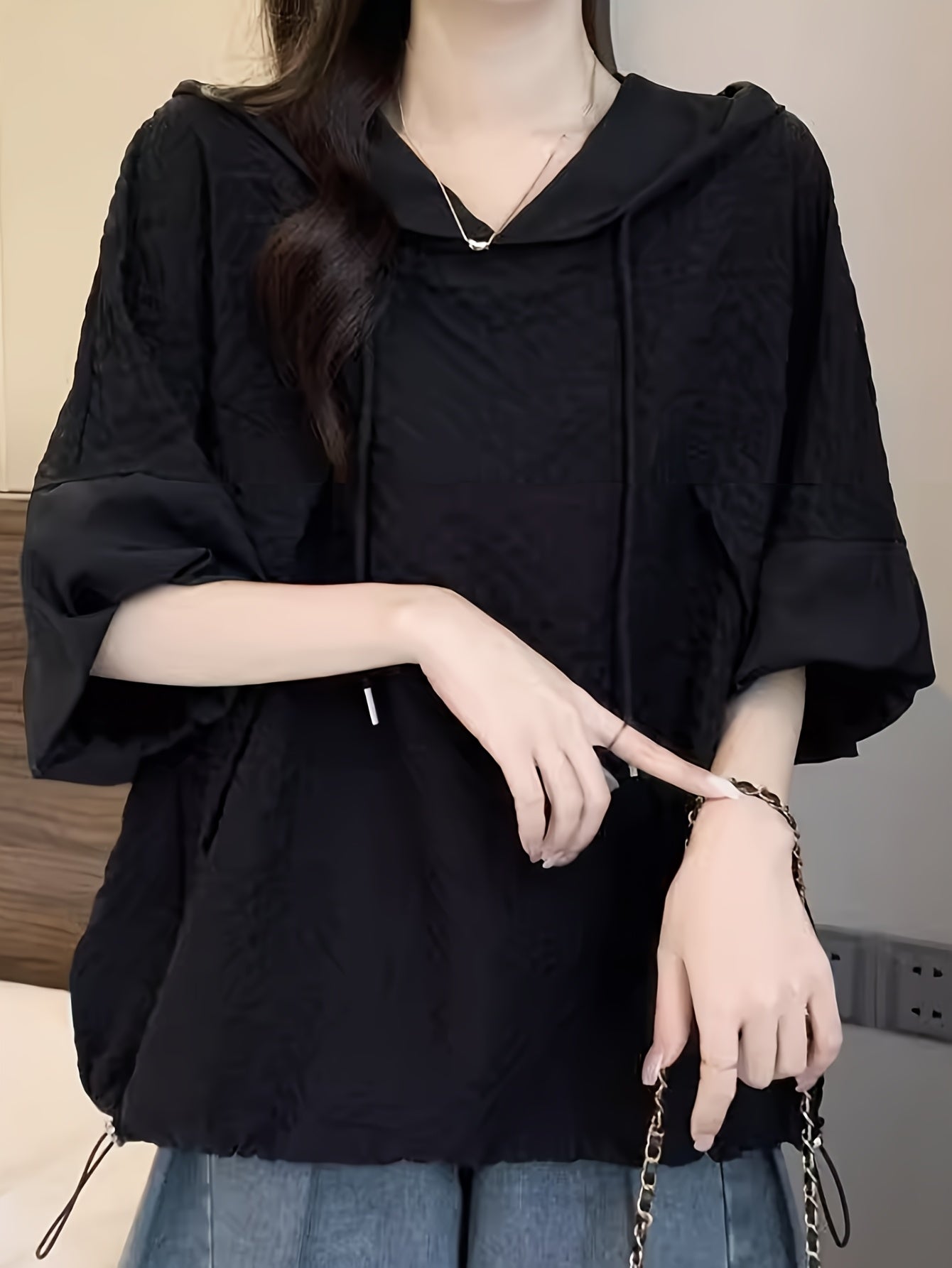 Plus Size Women's Casual Hoodie with Drawstring Short Sleeve Black