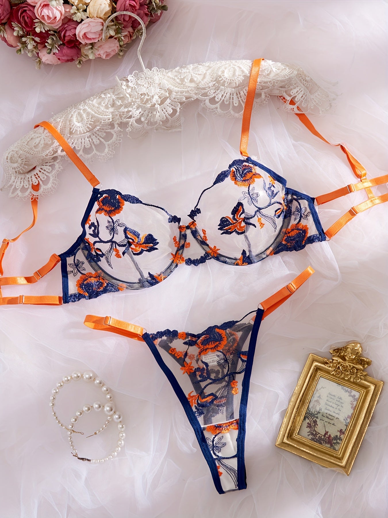 Women's Floral Lace Lingerie Set Bra and Thong Underwear