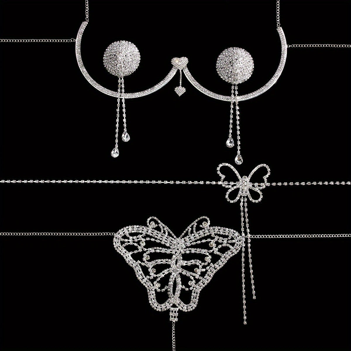 Women's Rhinestone Embellished Bikini Thong Body Chain Set, 4-Piece Collection