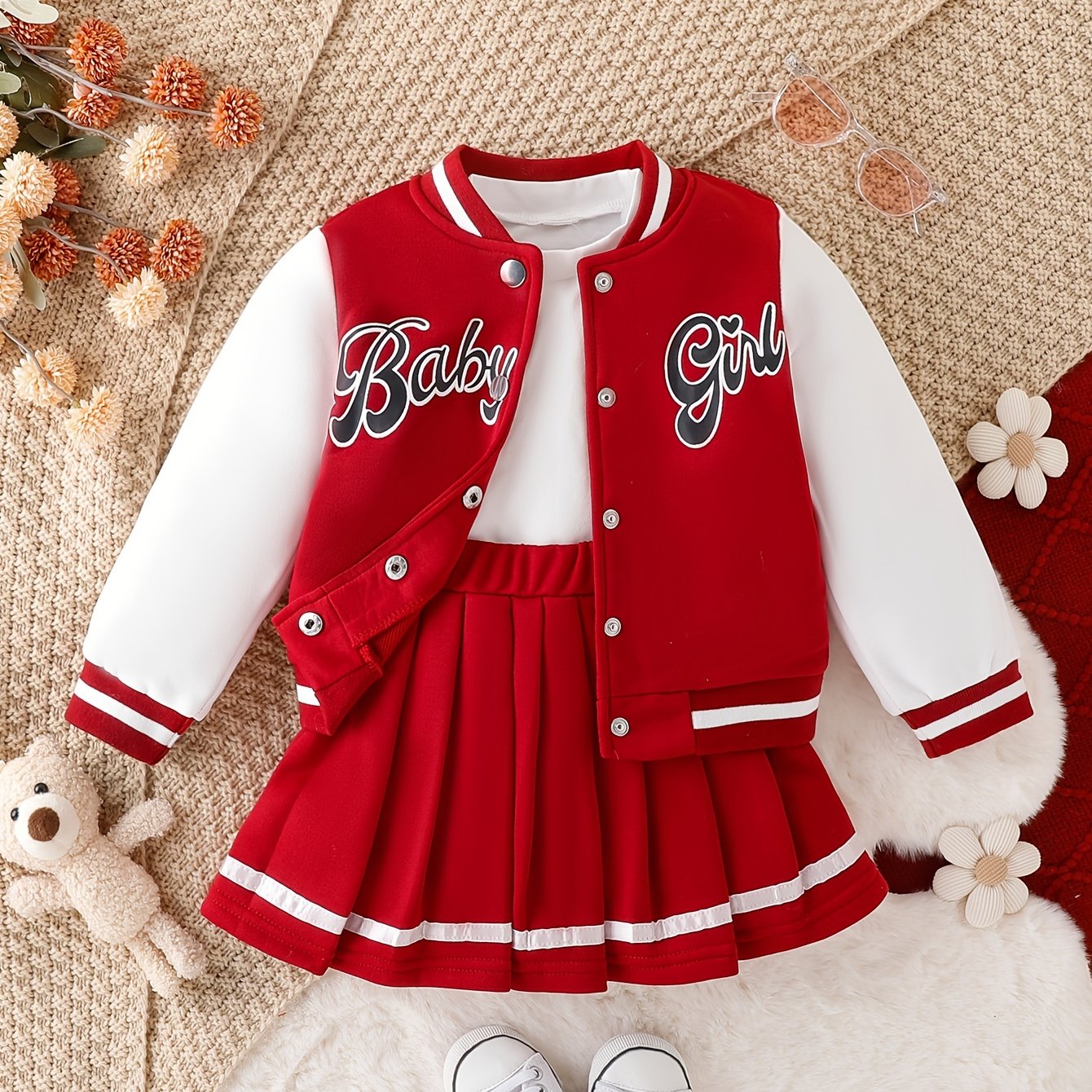 Girls Baby Girl 2-Piece Baseball Jacket and Pleated Skirt Set Fall Winter Cotton Blend