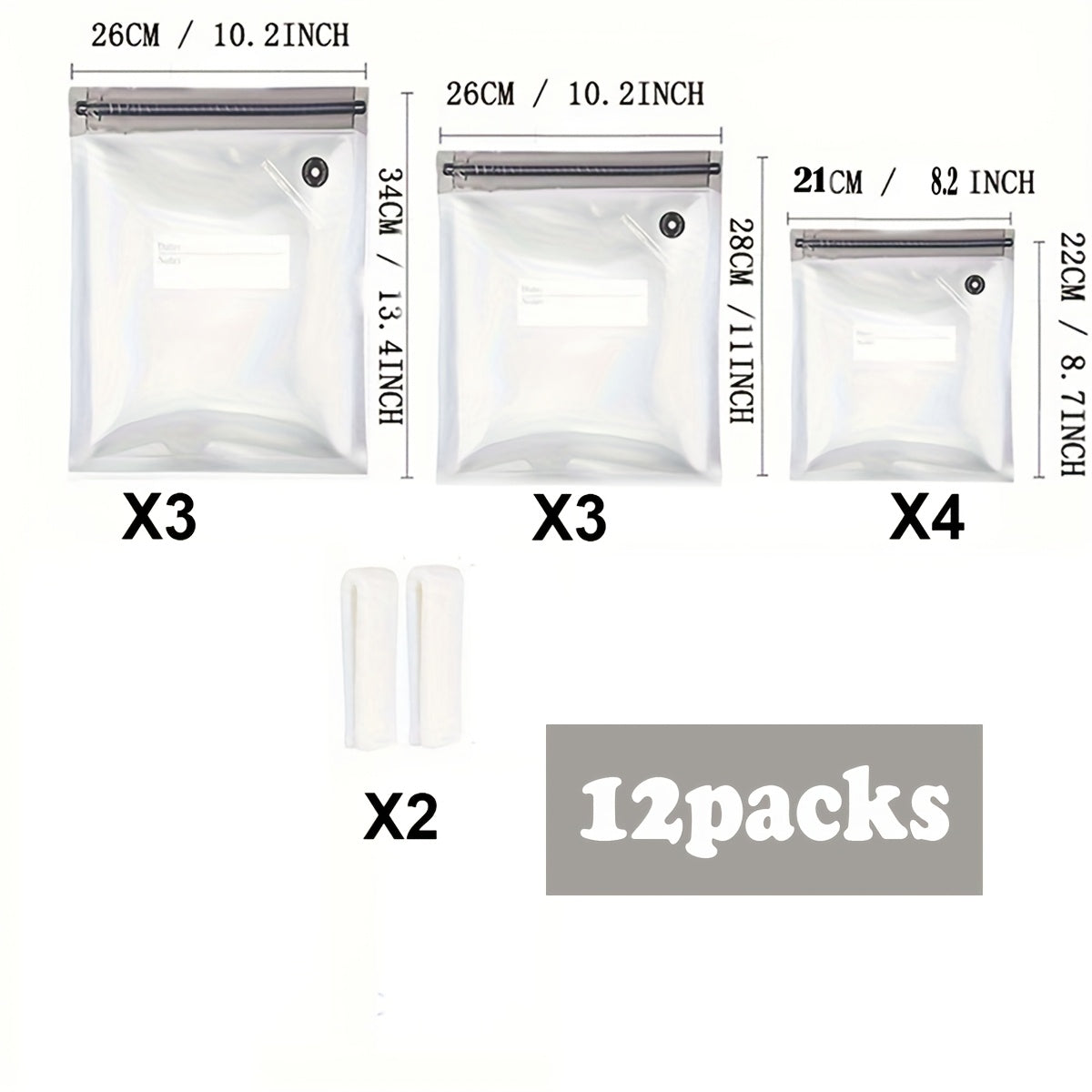 12-pack vacuum food storage bags with zipper, includes 10 bags 2 clips
