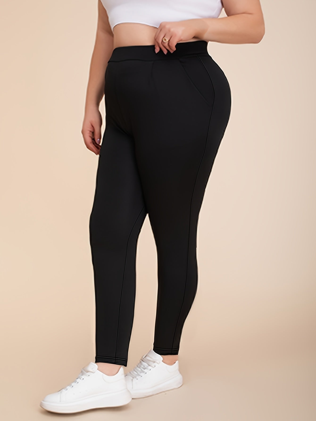 Women's Plus Size Skinny Pants Polyester Knit Solid Color Spring Fall Pockets