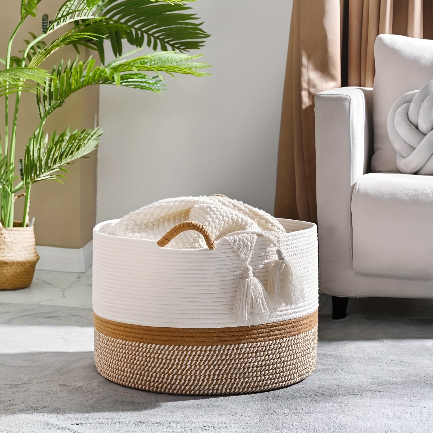 Round Bohemian Woven Laundry Basket with Handles for Bathroom and Living Room Storage