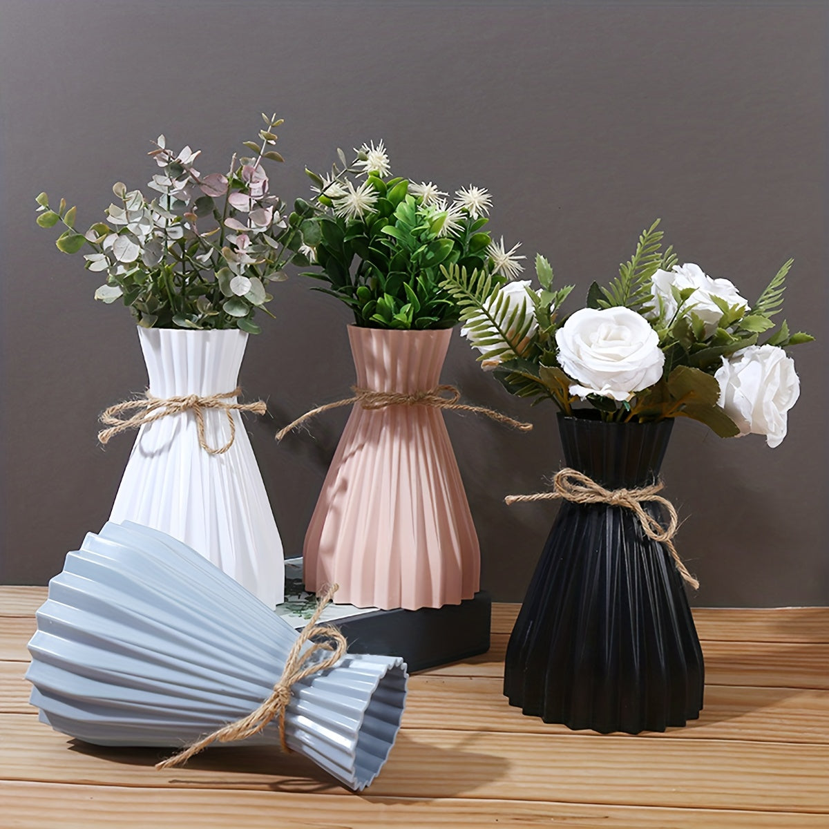 Faux Ceramic Vase with Nordic Stripes for Home Decor Artificial Flower Arrangement
