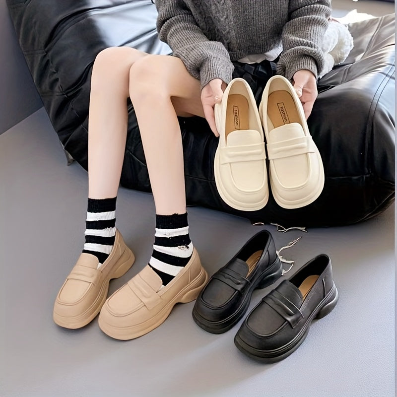 Women's White Platform Loafers Casual Slip-On Flats Spring Retro Shoes