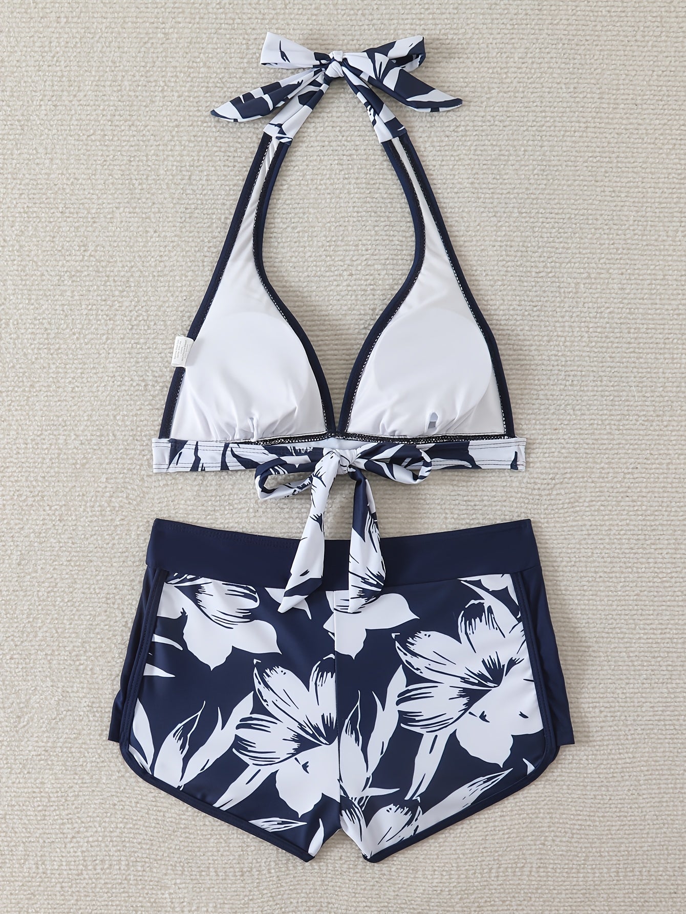 Floral Print Bikini Set with Black Halter Top and High-Waisted Shorts for Swimming