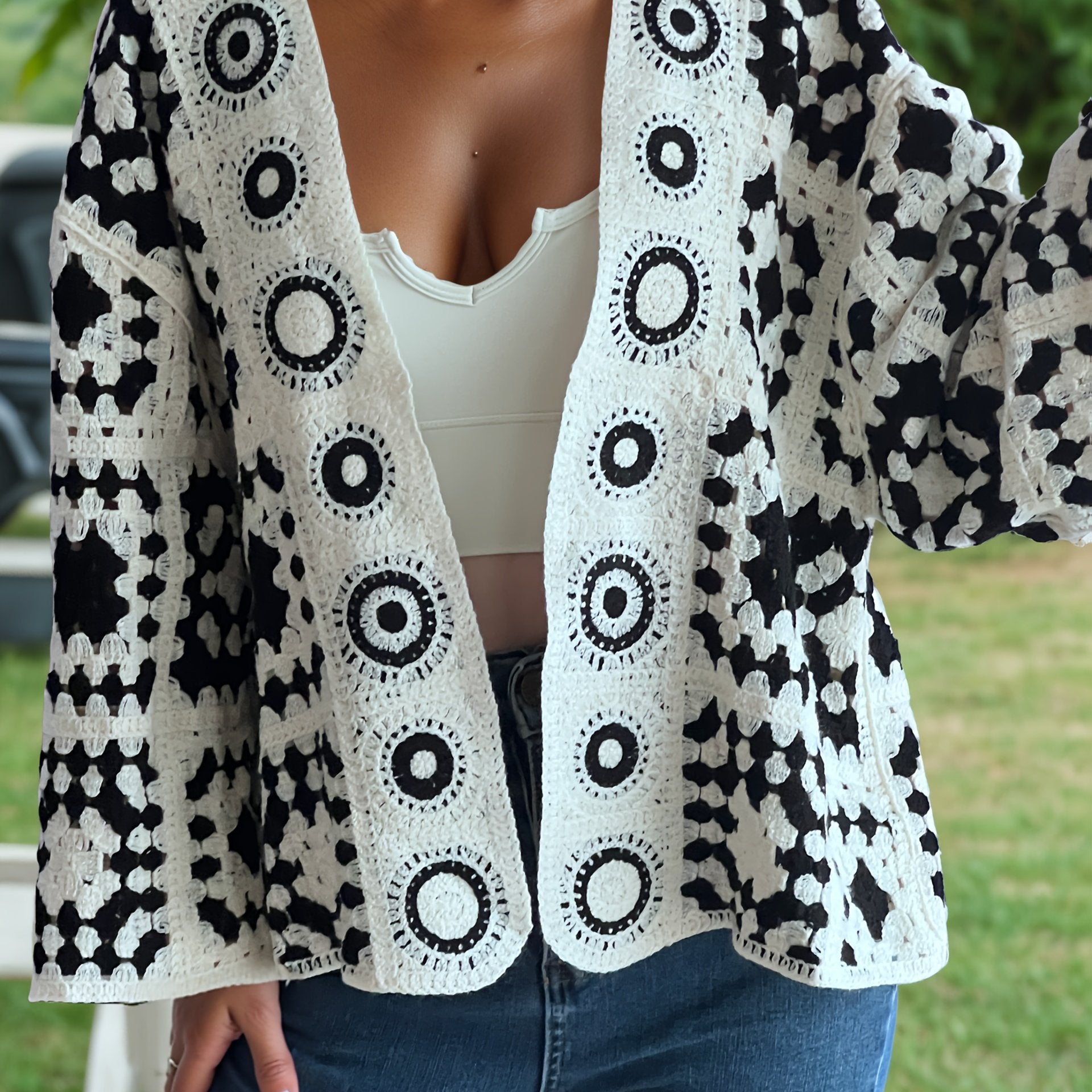 Women's Plus Size Bohemian Cardigan Sweater Black and White Geometric