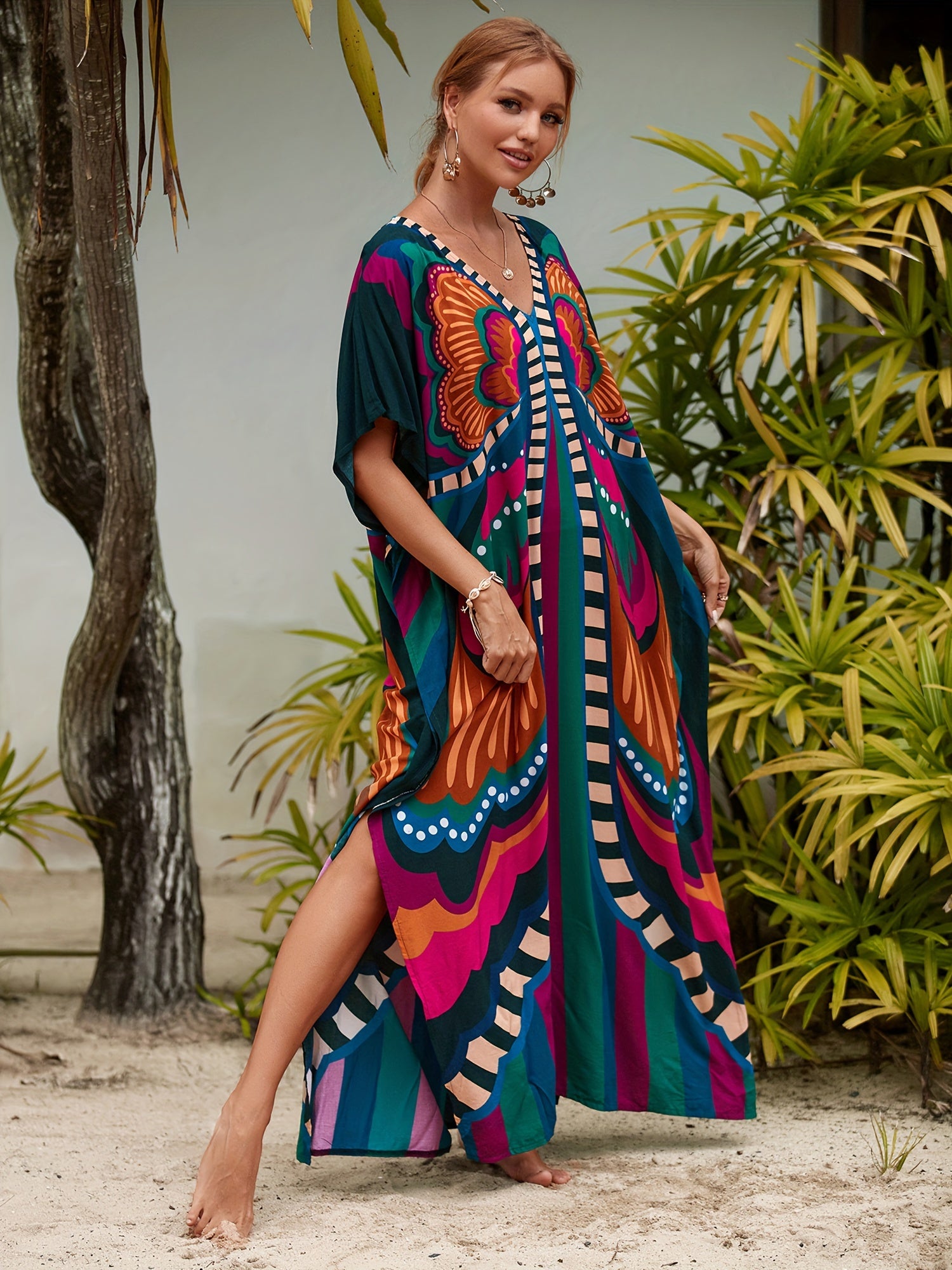 Plus Size Maxi Dress Viscose Butterfly Print Loose Fit Casual Summer