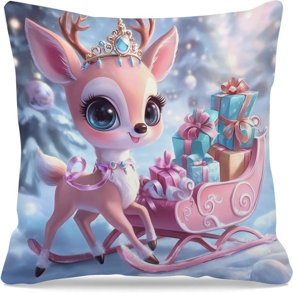 Festive Christmas Throw Pillow Cover 45cm Square Elf and Reindeer Design Polyester