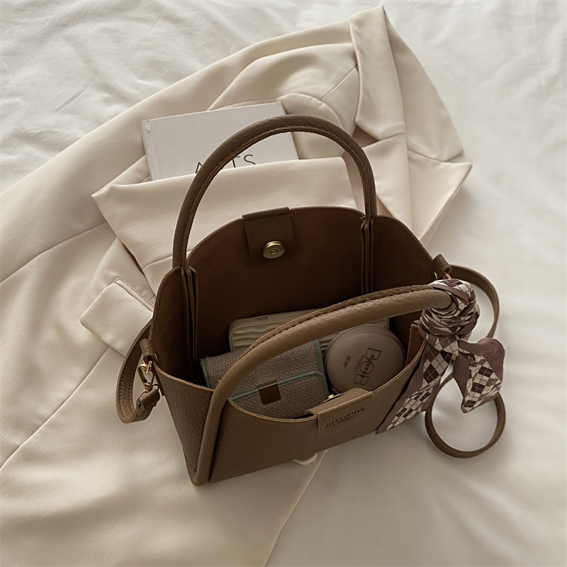 2024 Корейский стиль водонепроницаемый PU плечевая сумка-ведро с регулируемым ремнем в хаки, темно-коричневом, черном