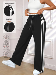 Women's Plus Size High-Waisted Side Stripe Joggers Light Beige Yoga Workout Drawstring
