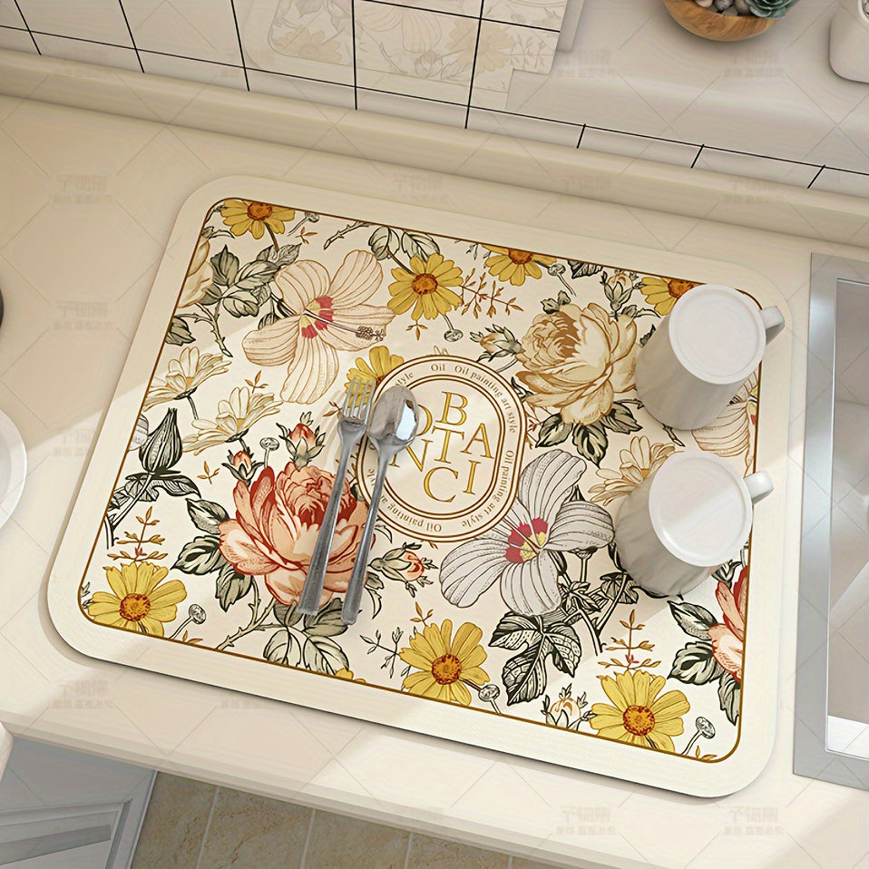 Floral Pattern Coffee Machine Mat Multi-Functional Dish Drying Pad Non-Slip Soft Kitchen Bathroom