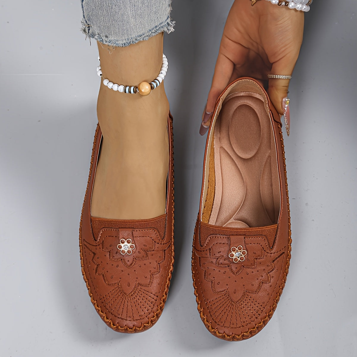 Women's White Embroidered Slip-On Loafers with Gold Accents