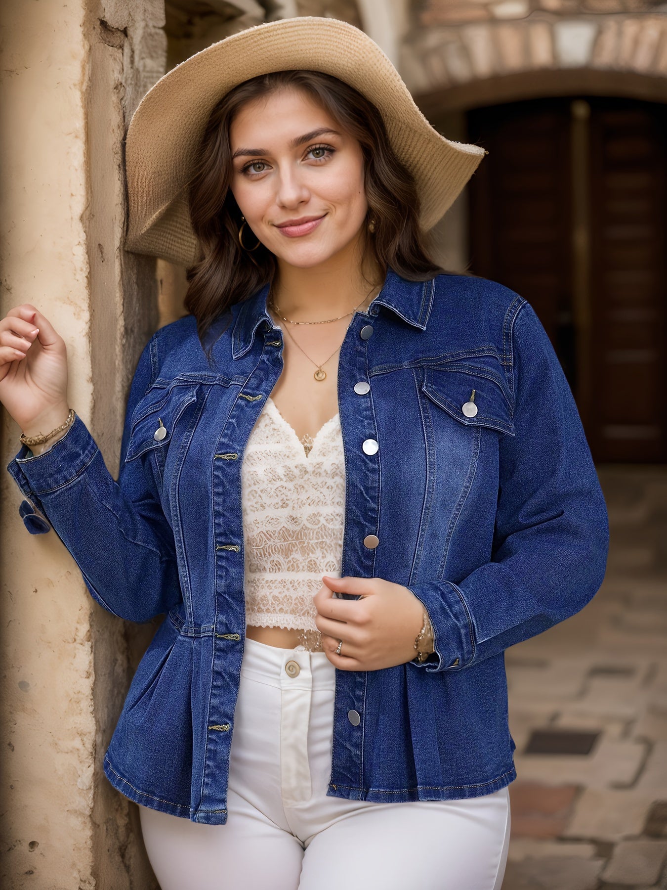 Plus Size Washed Blue Denim Jacket with Ruffle Hem and Long Sleeves