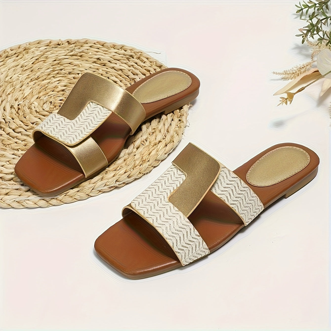 Women's Square-Toe Slide Sandals Two-Tone Gold and White Casual Summer