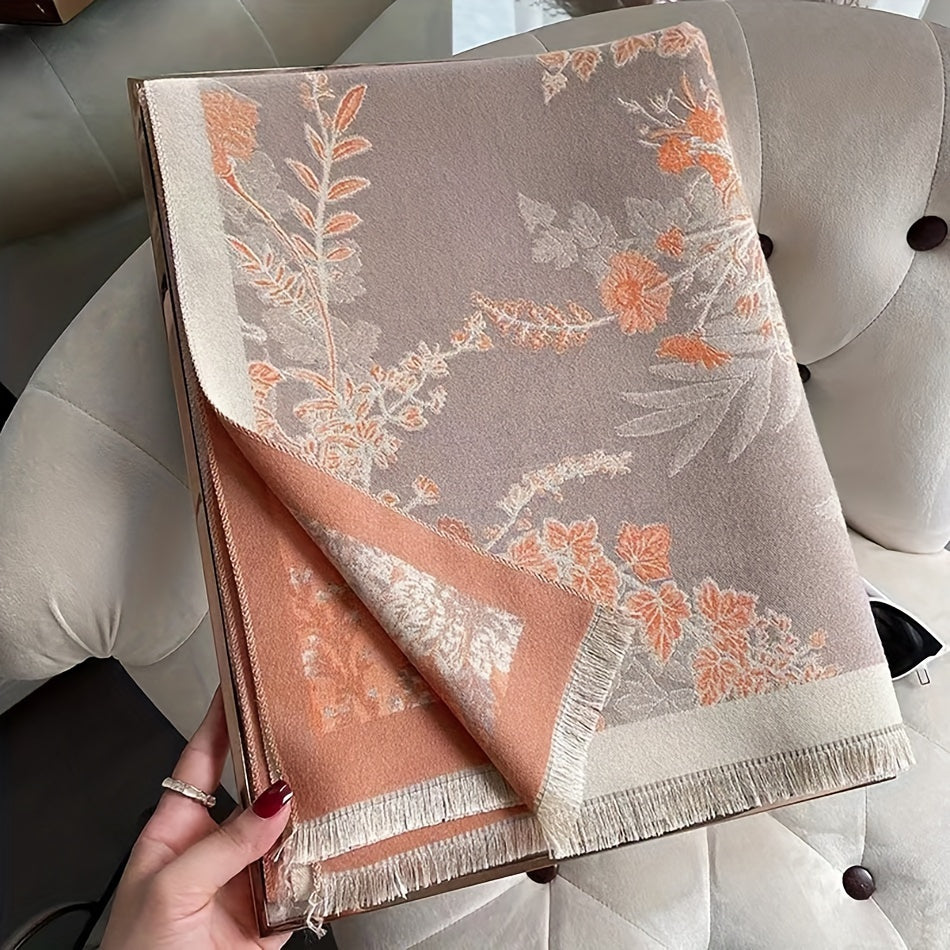 Women's Autumn Winter Windproof Blanket Scarf Double-Sided Jacquard Pattern Soft Warm Fringe Shawl