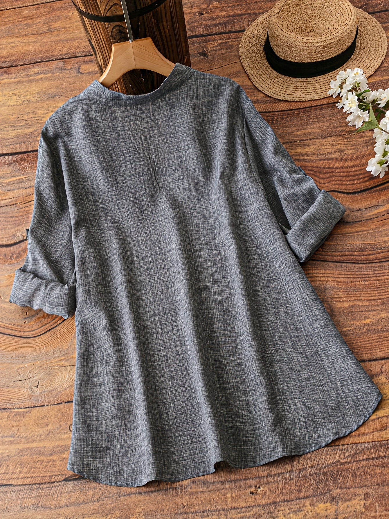 Plus Size V-Neck Blouse with Faux Buttons Polyester Spandex Solid Color All-Season