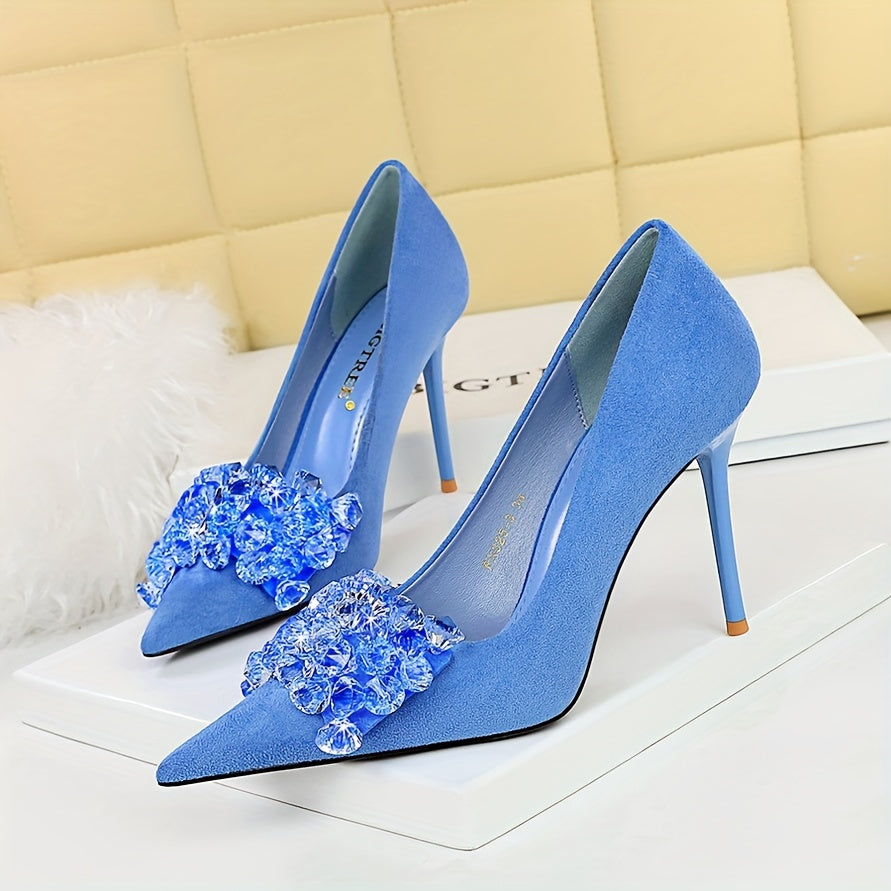 Women's Rhinestone Decor Stiletto Heels Point Toe Dress Pumps