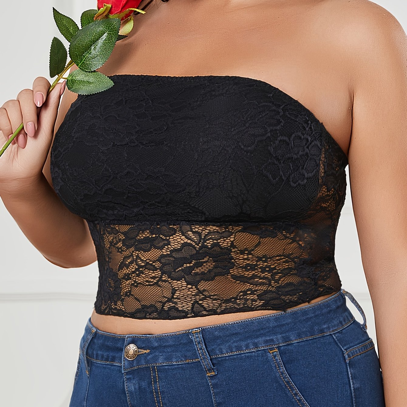Plus Size Lace Bandeau Bralette Strapless Semi-Sheer Knit Solid Color