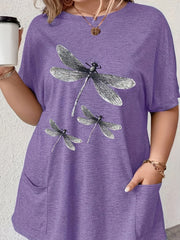 Plus Size Women's Dragonfly Print T-Shirt Green Short Sleeve Crew Neck Casual Top